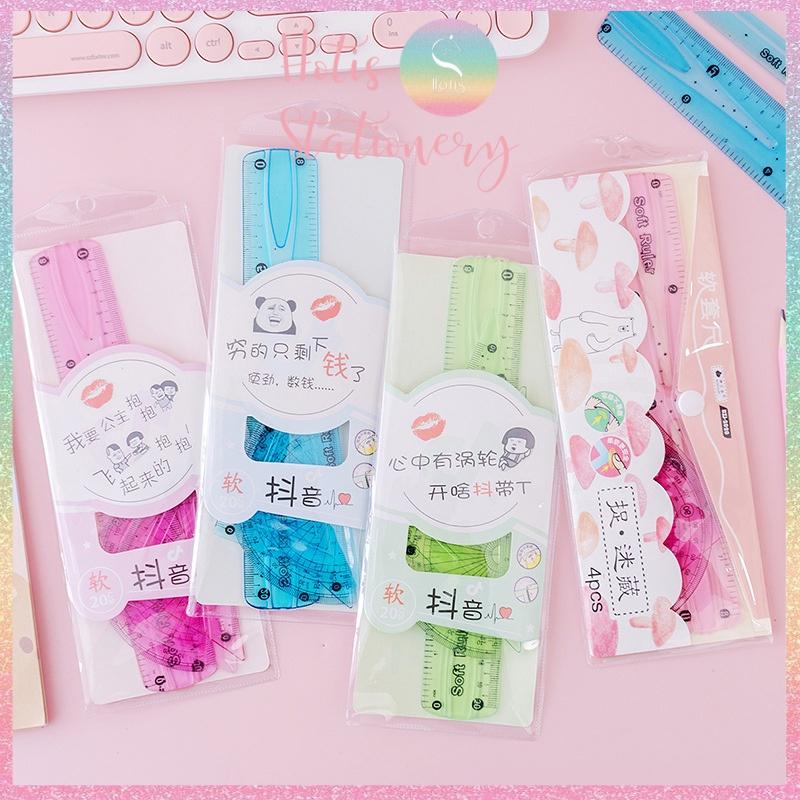 Bộ 4 thước ê ke nhựa dẻo Soft Ruler nhiều màu, không lo gãy