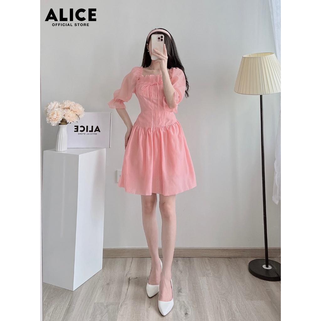 Váy Trễ Vai Tiểu Thư ALICE Chất Tơ Nến Lót Lụa Mềm Mát Thiết Kế Dáng Xòe Xếp Ly Ngực Cách Điệu V792