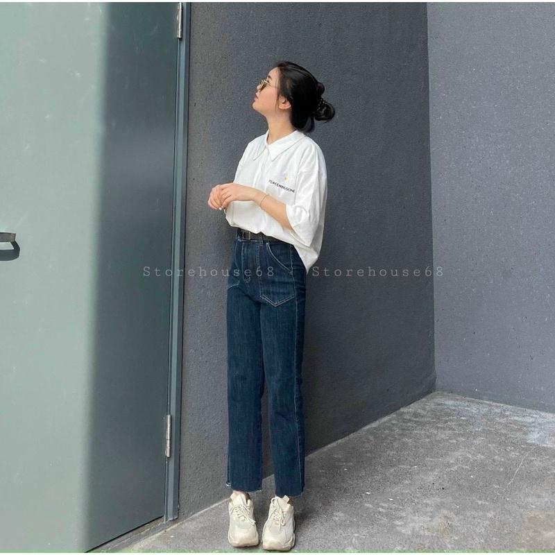 Quần jean nữ suông ống đứng cạp cao túi vuông siêu hót
