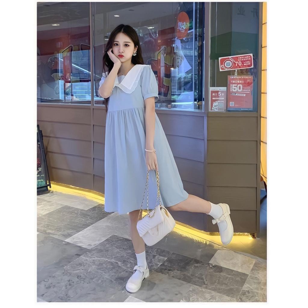 Đầm Nữ Tiểu Thư Xanh Mint Cổ Cổ Sen Phối Màu Cộc Tay Dáng Lỡ