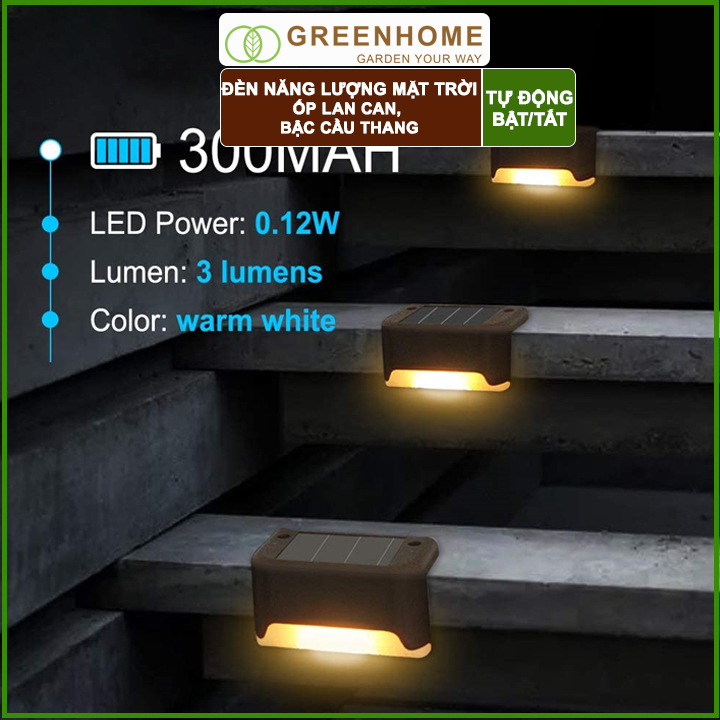 Đèn Led Năng Lượng Mặt Trời Greenhome, R8xc4,5cm, Vàng Ấm, Chống Nước, Ốp Lan Can, Trang Trí Ban Công, Sân Vườn