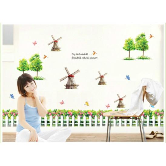 Decal trang trí tường cối xay gió và cây xanh