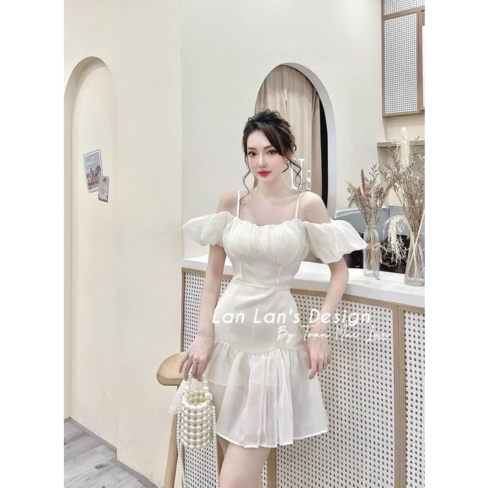 Đầm 2 dây trễ vai, Váy trắng ngắn hai dây Cao Cấp dáng chữ A tay ngắn ôm eo sexy gợi cảm MiNhi