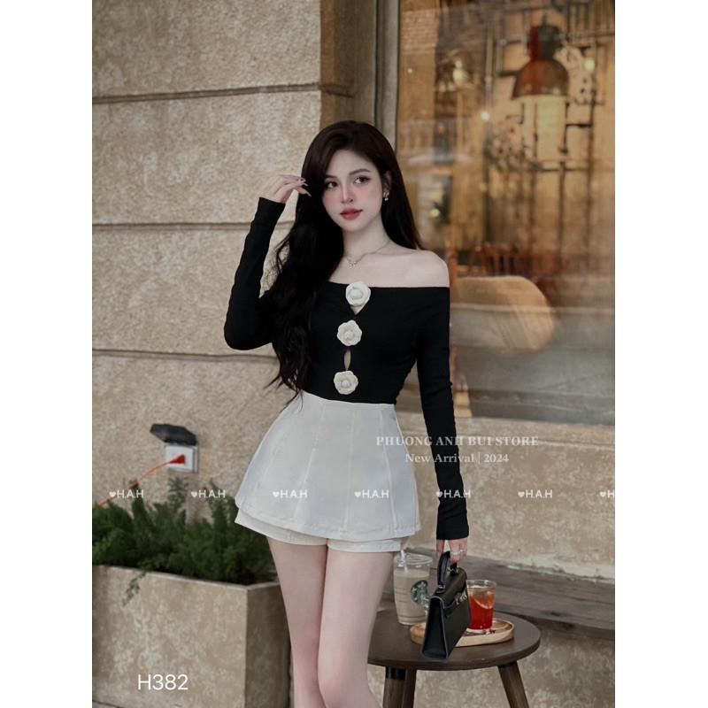 sét váy áo trễ vai 3 hoa trà ngực xịn xinh lắm  HAH BY JOLIE - Đen, Đen