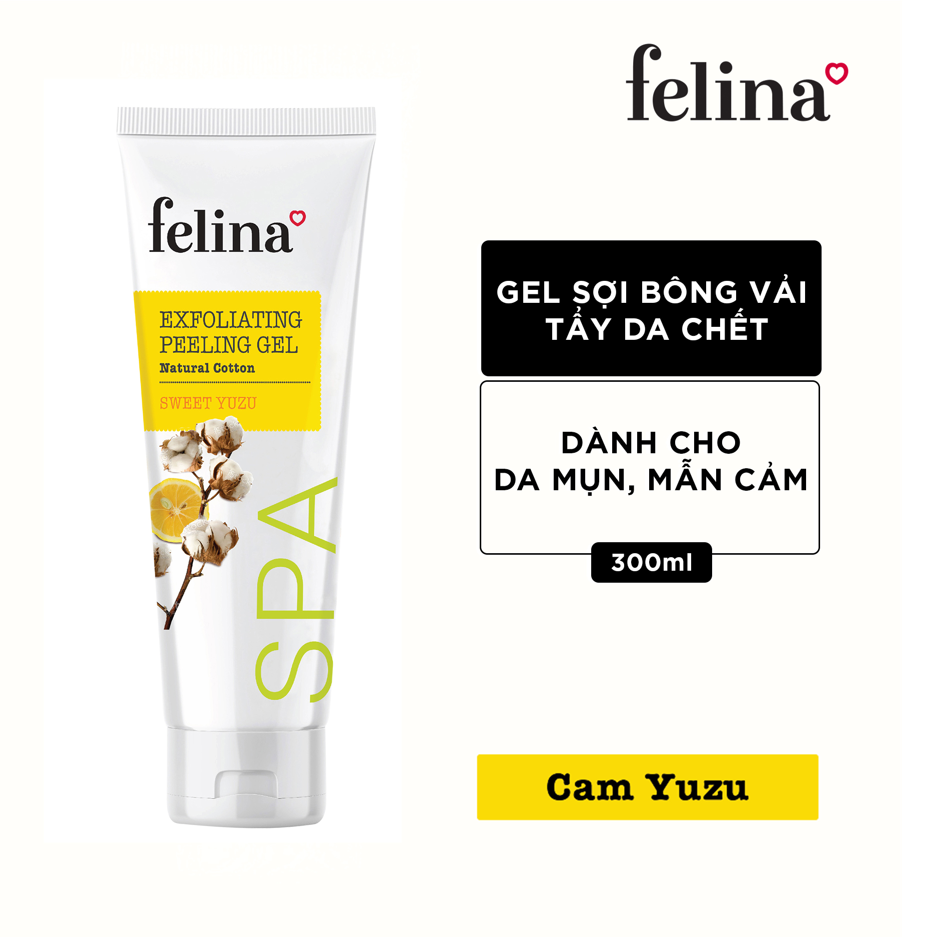 Tẩy tế bào chết Felina từ sợi bông vải dạng Gel 300ml - Cam Yuzu