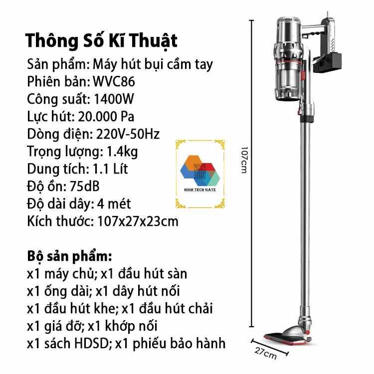 Máy hút bụi cầm tay Hitech WVC-86 hút mạnh mẽ 20000Pa, có dây hút và giá treo tường, hàng chính hãng