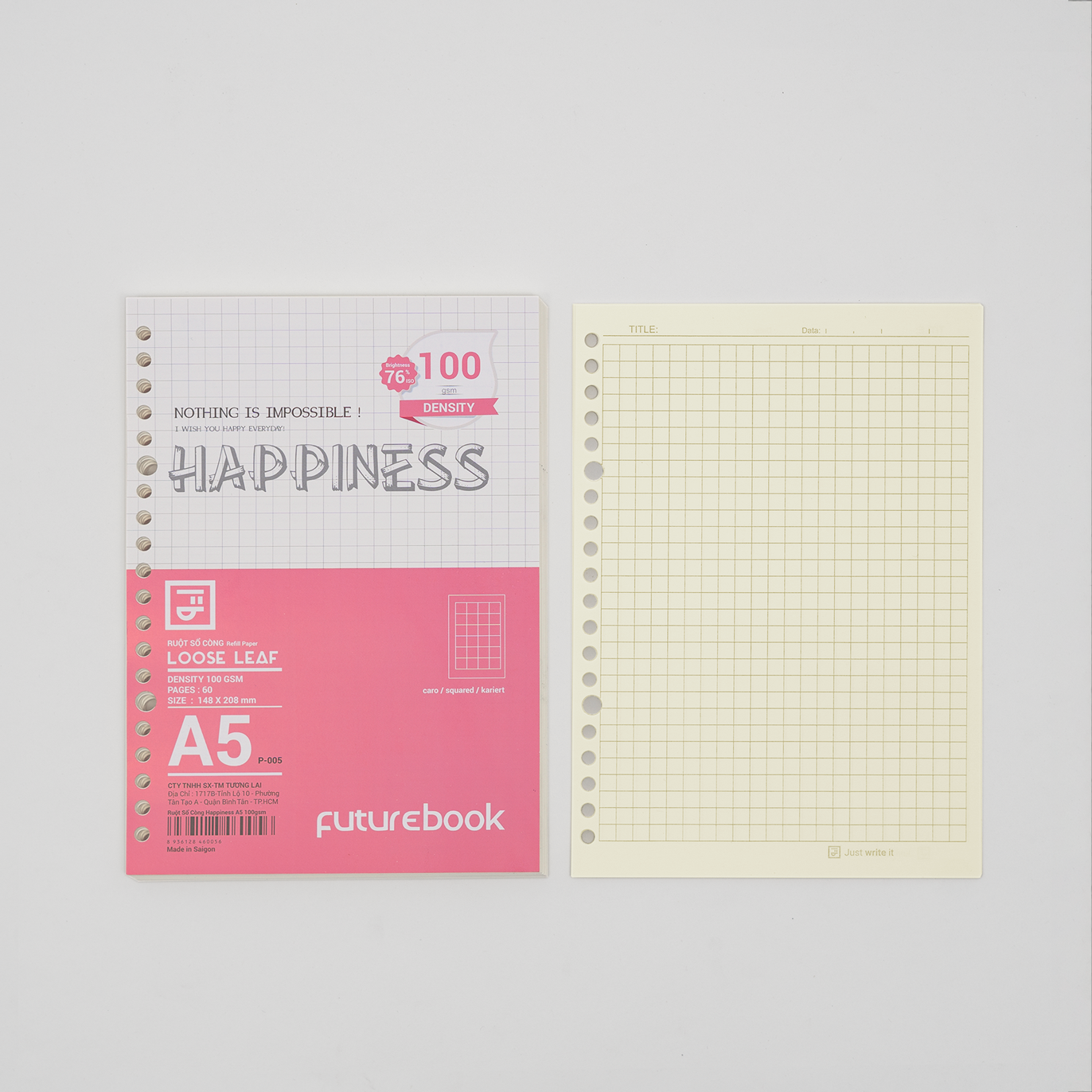 Giấy refill ruột sổ còng Binder Happiness A5 20 lỗ caro chấm dot kẻ ngang làm sổ tay planner FUTUREBOOK Mã P005