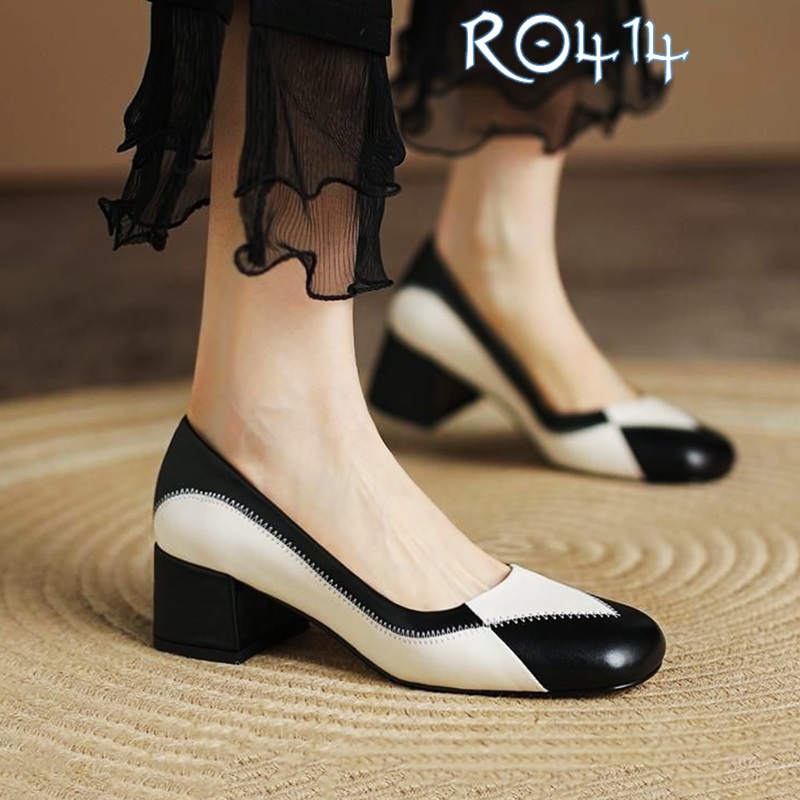 Giày nữ công sở phối màu chỉ nổi cao cấp ROSATA RO414 - 4p - Đen, Vàng - HÀNG VIỆT NAM - BKSTORE