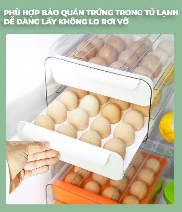 Hộp Đựng Trứng Hai Tầng 32 Ô Tiện Dụng Tích Hợp Khay Trượt Đựng Trứng gà Phong Cách Nhật Bản