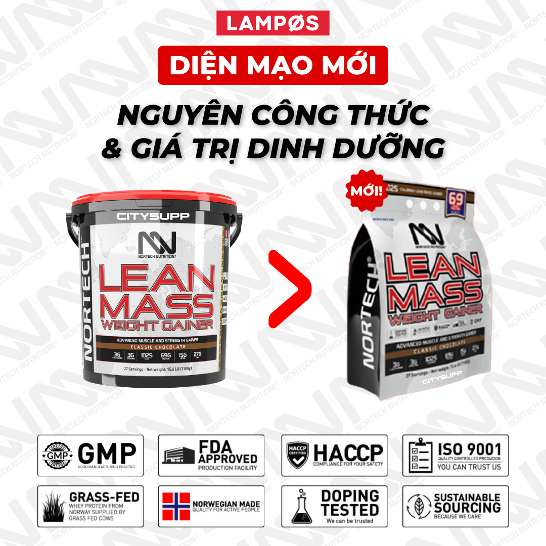 NorTech Lean Mass Gainer, Sữa Tăng Cân, Tăng Cơ Nạc Hiệu Quả, Bổ Sung 69G Protein, 27G EAA, 15G BCAA, 3G Creatine, 3G L-Glutamine, Thùng 7KG, 27 Lần Dùng