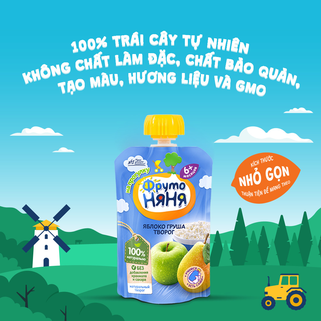 Combo 6 Gói Trái cây nghiền vị táo, lê và phomai tươi Fruto Nyanya 90g