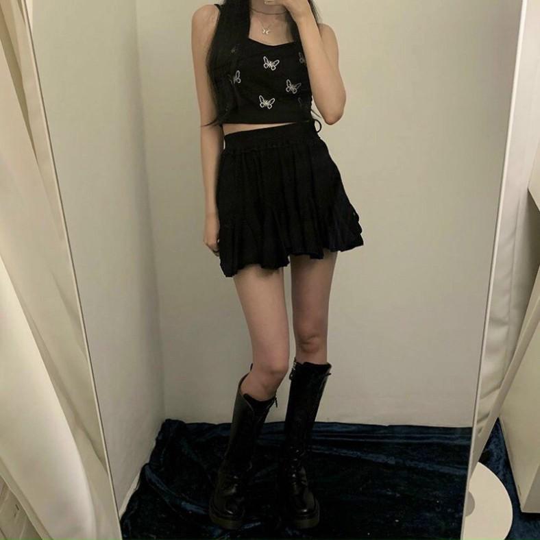 Áo bra 2 dây dáng croptop dây rút sườn hoạ tiết hình bướm có 3 màu đen, ghi, trắng coco land - chất bền