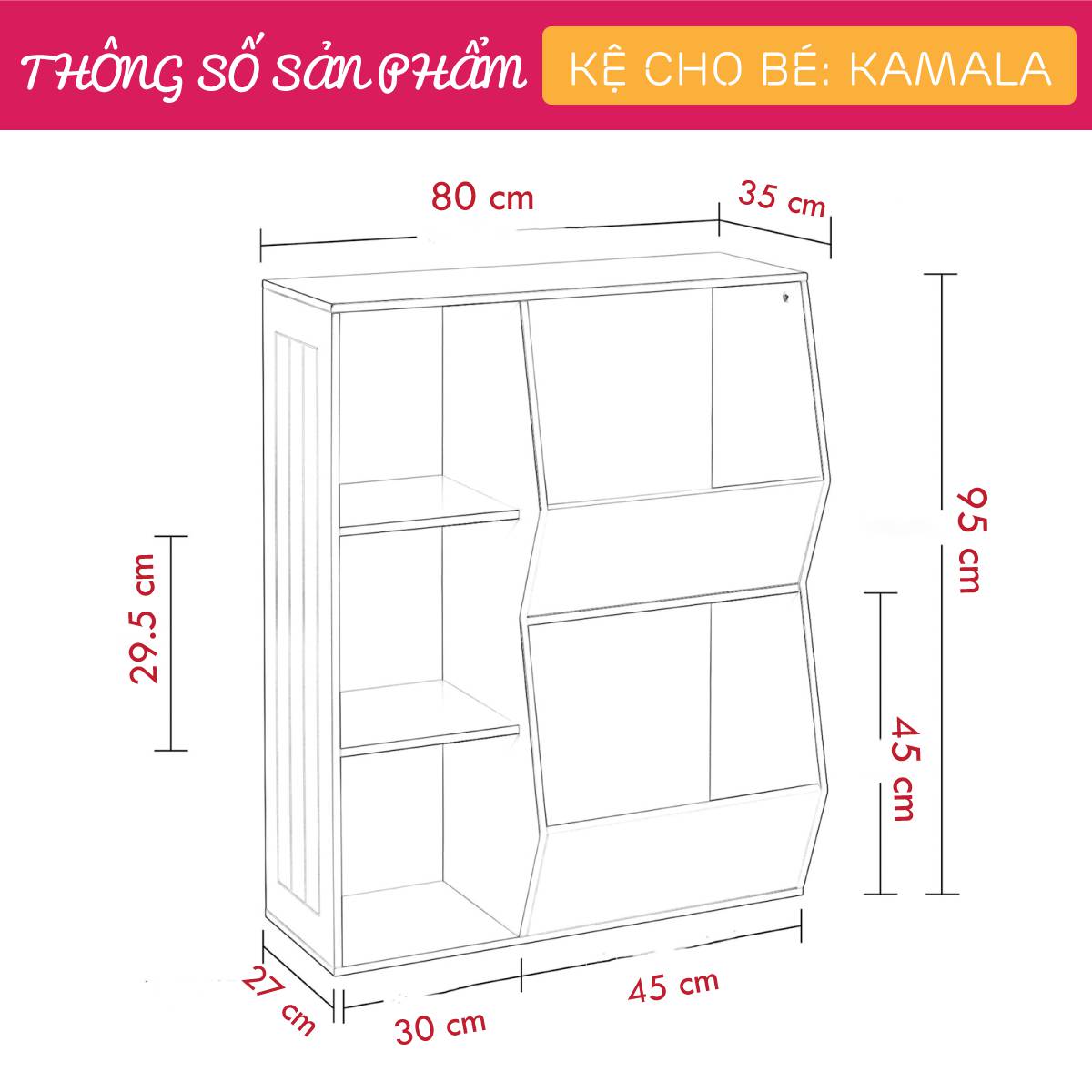 Kệ để đồ chơi cho bé SMLIFE Kamala | Gỗ MDF dày 17mm chống ẩm | D80xR35xC95cm