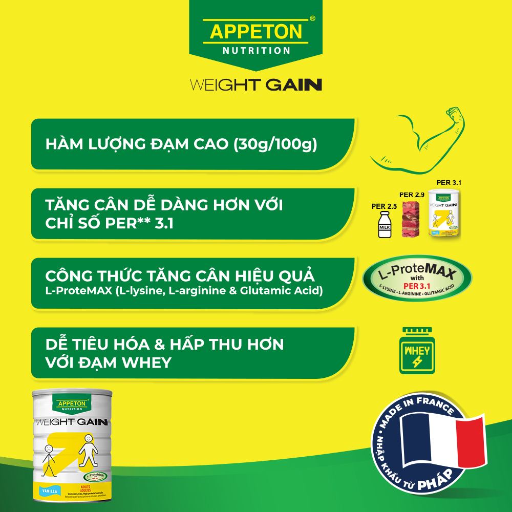 [Tặng 1 hộp kẹo VitaminC] Sữa Appeton Weight Gain cho Người lớn hương Vanilla lon 900g