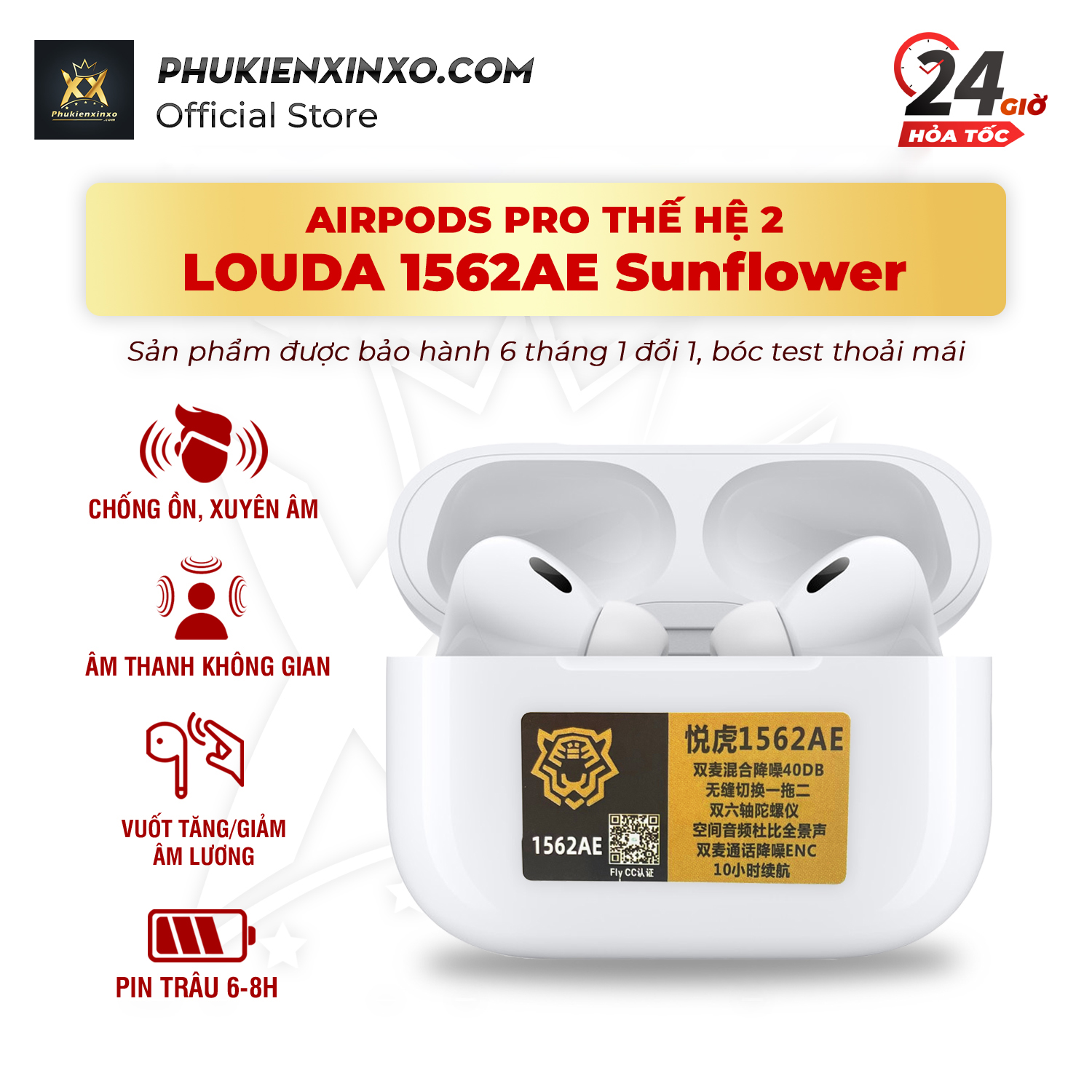 Louda 1562AE - Tai Nghe Bluetooth Pro 2 Louda 1562AE Sunflower | Chống Ồn Chủ Động 40Db, XUYÊN ÂM | Âm Thanh Không Gian Thật - PHỤ KIỆN ĐIỆN THOẠI XỊN XÒ