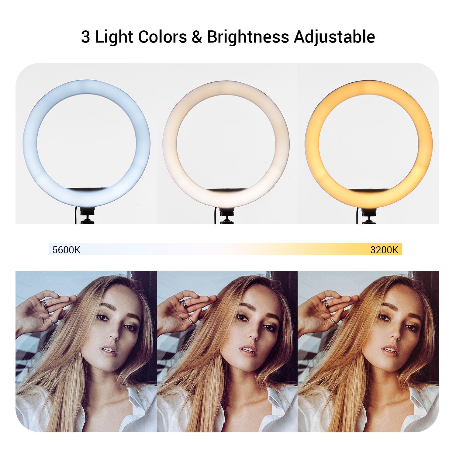 Bộ đèn vòng video 10 inch / 26cm 3 màu có thể thay đổi độ sáng 10 cấp 3200-5600K với đầu ba chân bóng Ba giá đỡ điện thoại