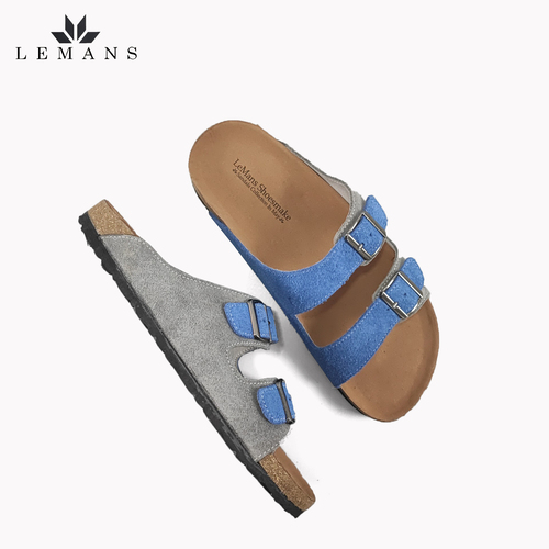 Dép Da Nubuck Phối 2 màu Xanh-Xám Đế Trấu Quai Ngang LEMANS May Sandals - Blue&amp;Grey. Quai điều chỉnh. Bảo hành 6 Tháng