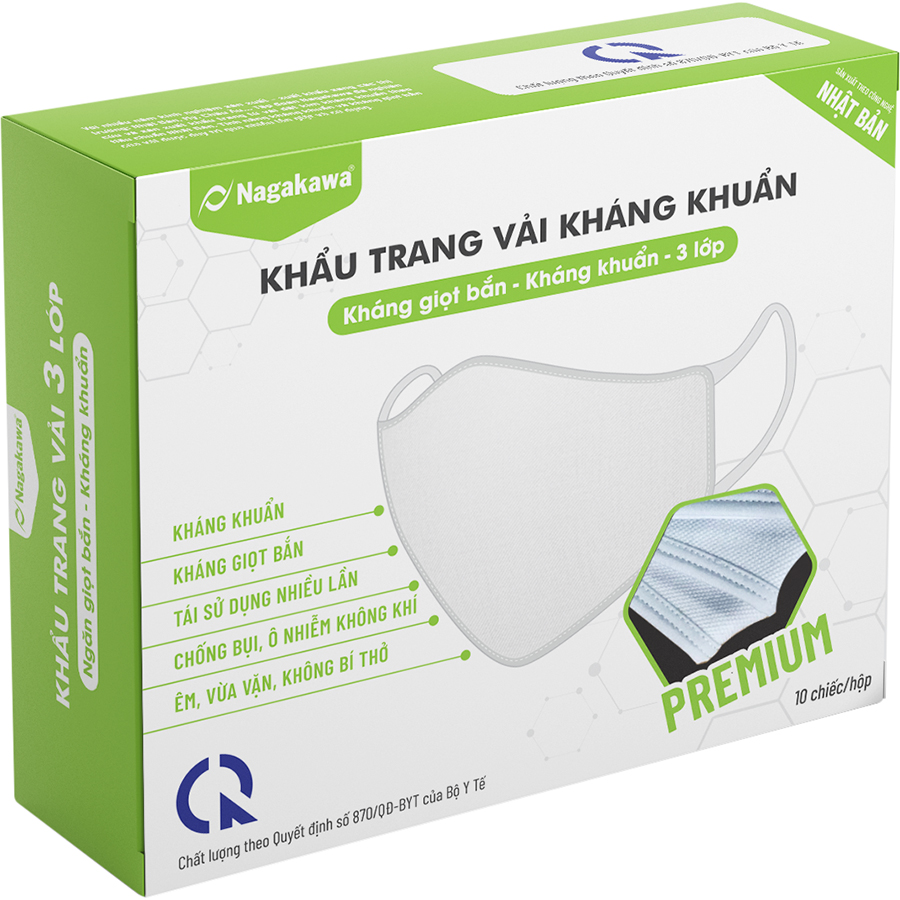 Khẩu Trang Vải Kháng Khuẩn 3 Lớp Nagakawa - Premium - Công Nghệ Nhật Bản KTV3LKKNHH - Hộp 10 Chiếc