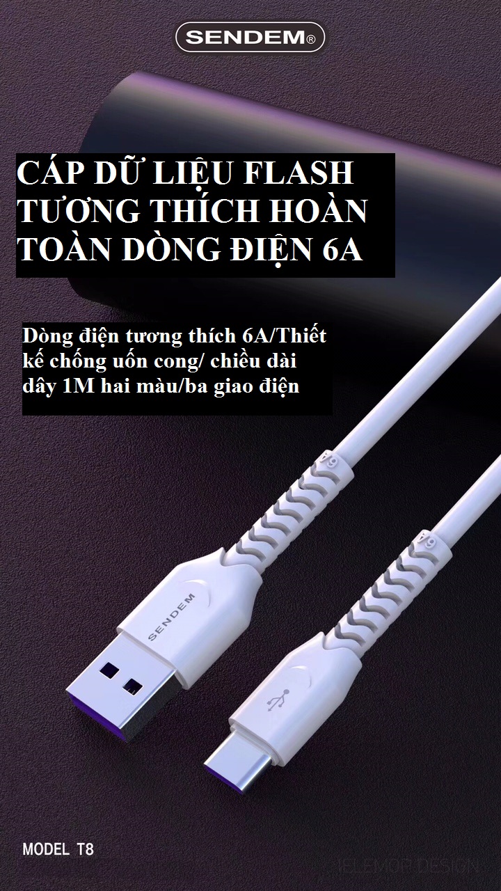 Cáp sạc siêu tốc SENDEM T8 6A MicroUSB, Lightning, TypeC hỗ trợ VOOC, Qualcom 3.0 dành cho điện thoại đời cao của Iphone, Samsung, Oppo,... (Giao màu ngẫu nhiên) - Hàng chính hãng