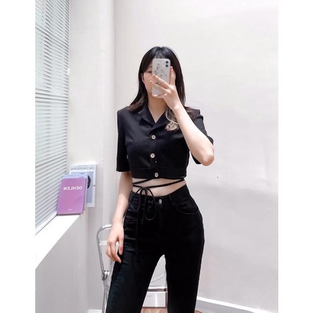 Áo sơ mi cổ bẻ V tay lỡ cúc gỗ dây buộc eo hàng thiết kế vnd0622a05 by germe