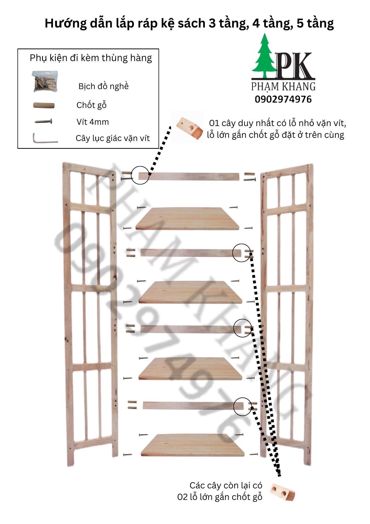 Kệ sách gỗ 4 tầng Phạm Khang - Gỗ cao su tự nhiên màu Gỗ Tự Nhiên/ Vàng Cherry - Kích thước rộng 38 cm