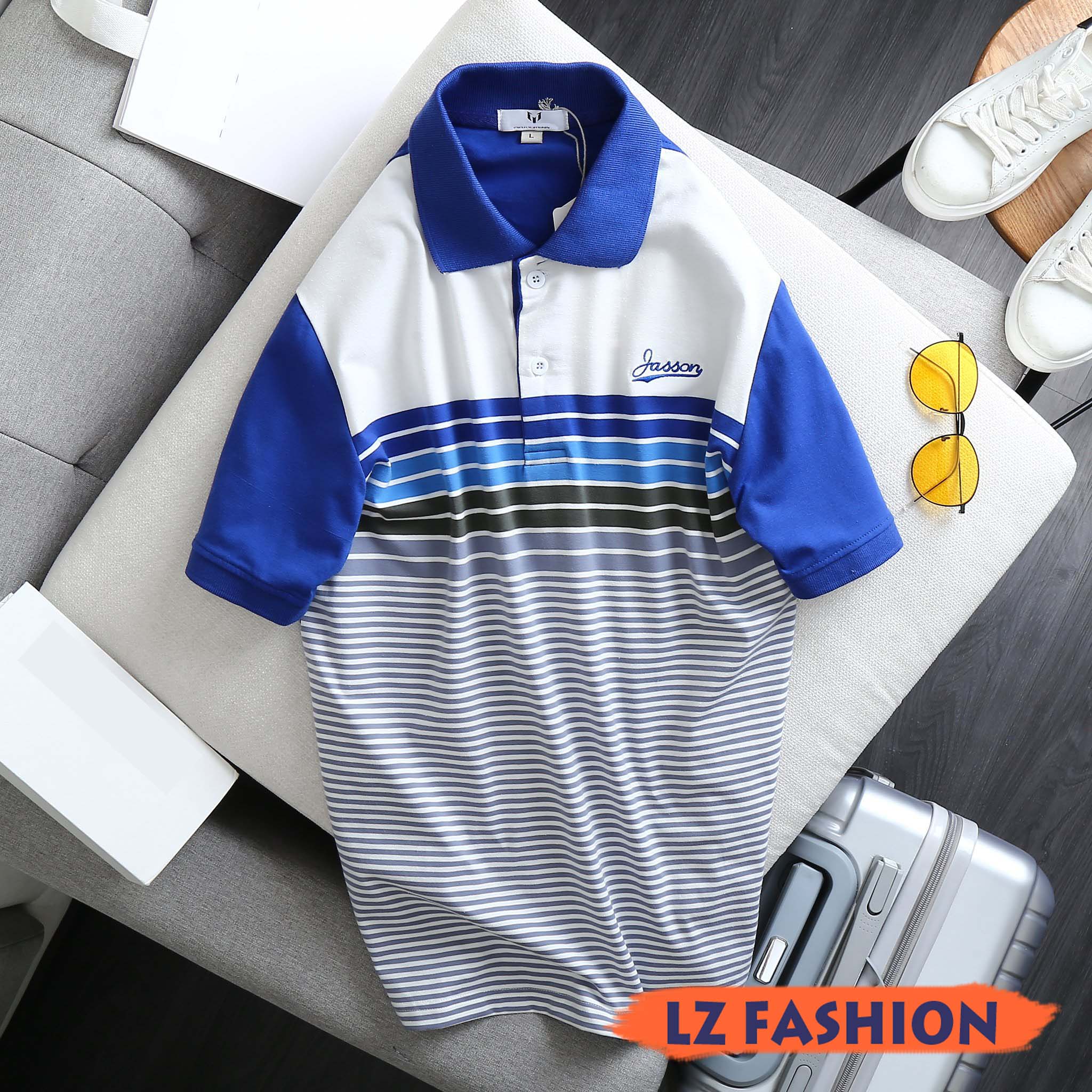 ÁO THUN CỔ BẺ PHỐI SỌC LOGO CHỮ THÊU TRẺ TRUNG - LZ FASHION - LZPS147