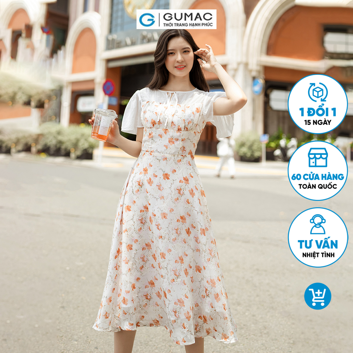Đầm hoa phối vải tơ sang trọng nữ tính thanh lịch thời trang GUMAC DD06062