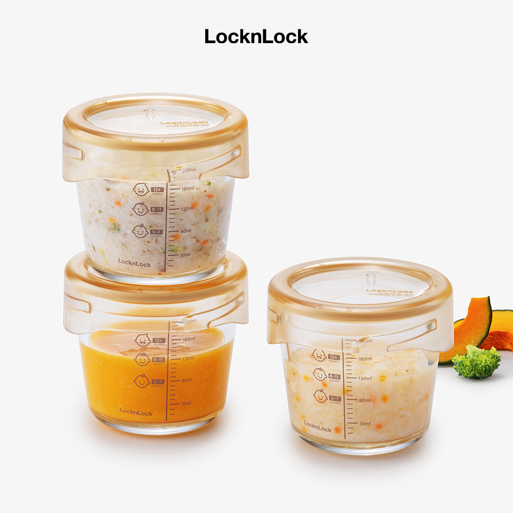 Bộ 3 hộp thủy tinh đựng thực phẩm cho bé LocknLock Baby Food container LLG542S3IVY - 280ml, Nắp vặn chống tràn, chất liệu không BPA an toàn cho trẻ em, có vạch chia - Hàng chính hãng