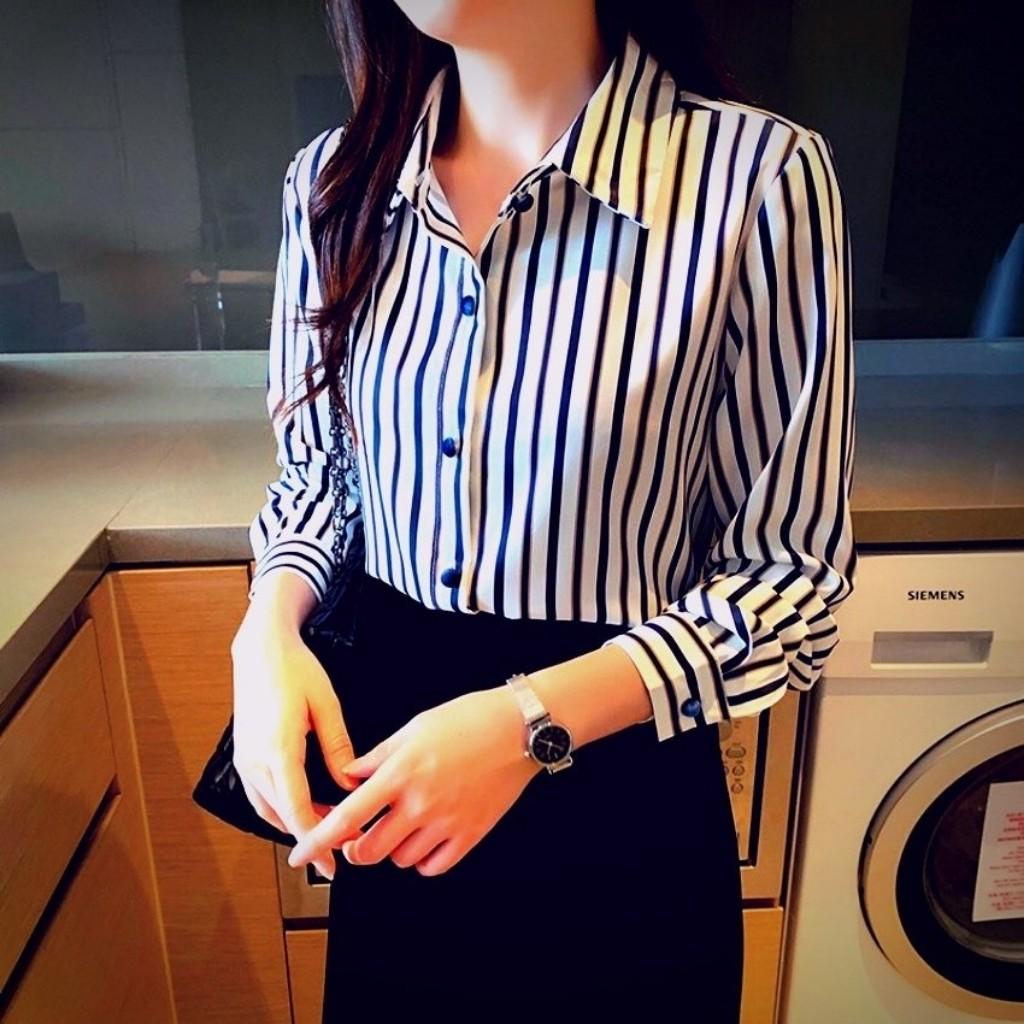 Áo Sơ Mi Công Sở Nữ Dài Tay Phối Sọc 3D Mẫu H882 Thời Trang PONIVA Cao Cấp Thiết Kế Duyên Dáng Nữ Tính