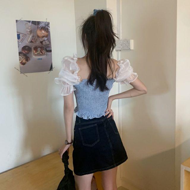 (SẴN) Áo croptop cổ vuông tay voan trắng