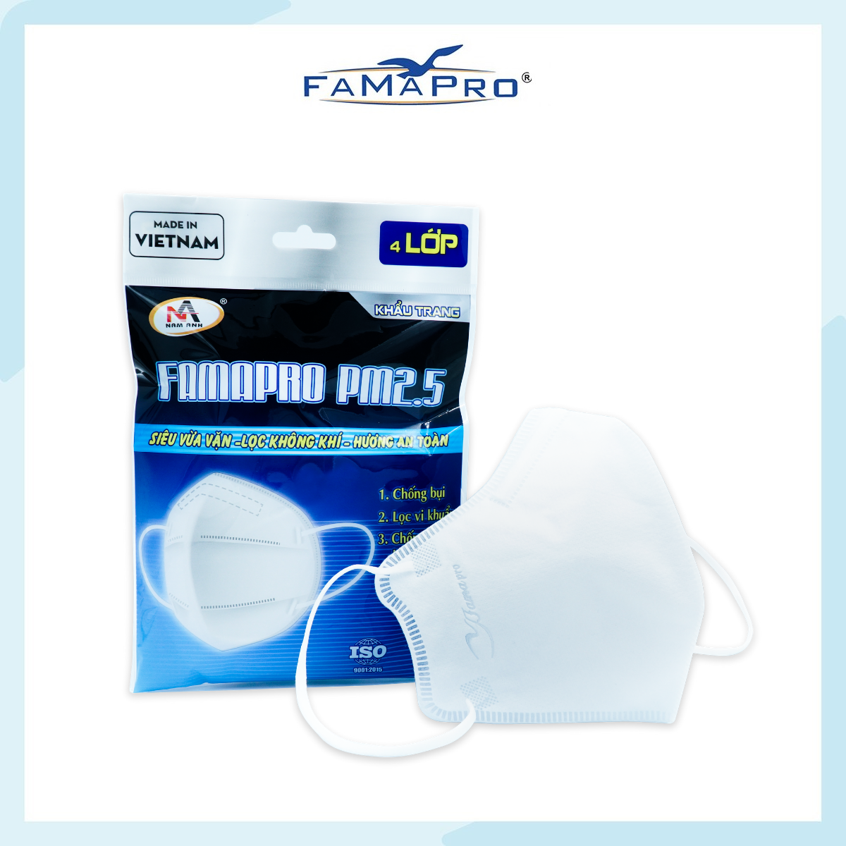 Khẩu trang y tế 4 lớp kháng khuẩn Famapro PM2.5 màu trắng (5 cái/ túi)