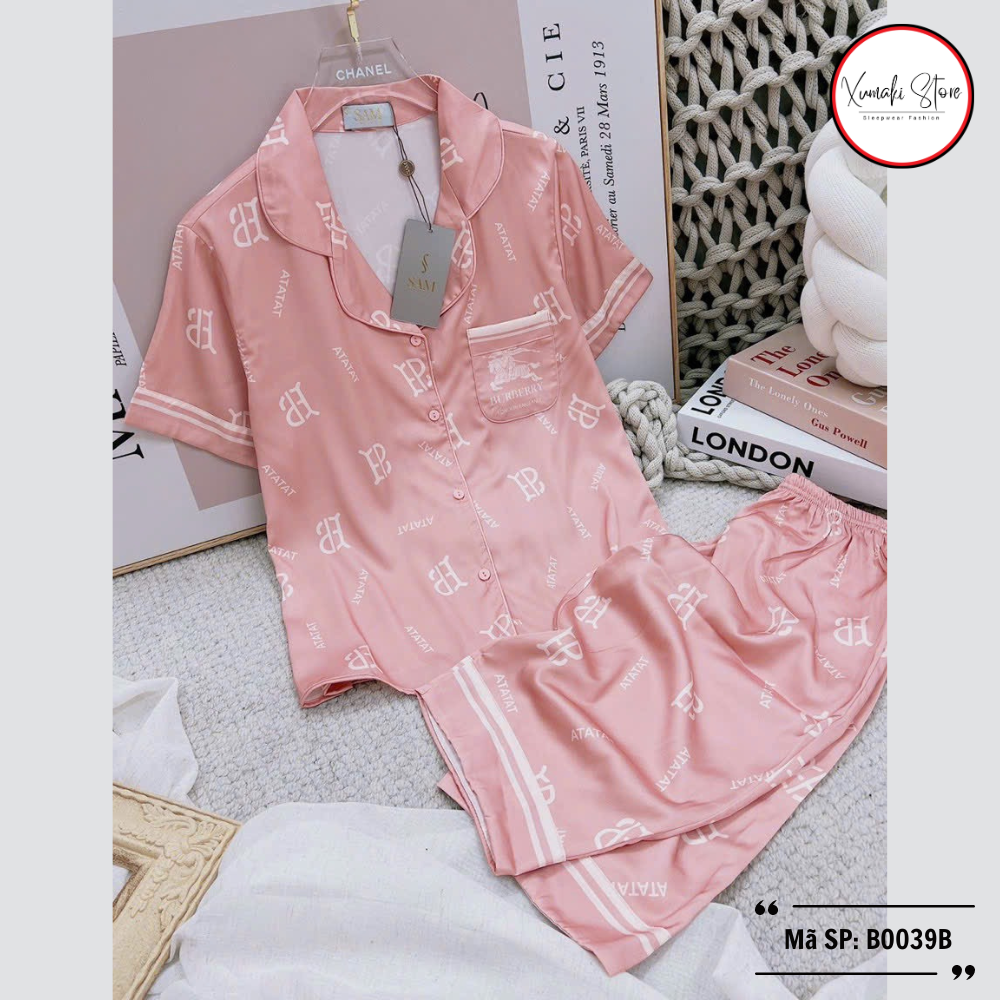Bộ pijama nữ áo cộc quần ngố họa tiết chữ chất lụa cao cấp Xumaki Store BO039B