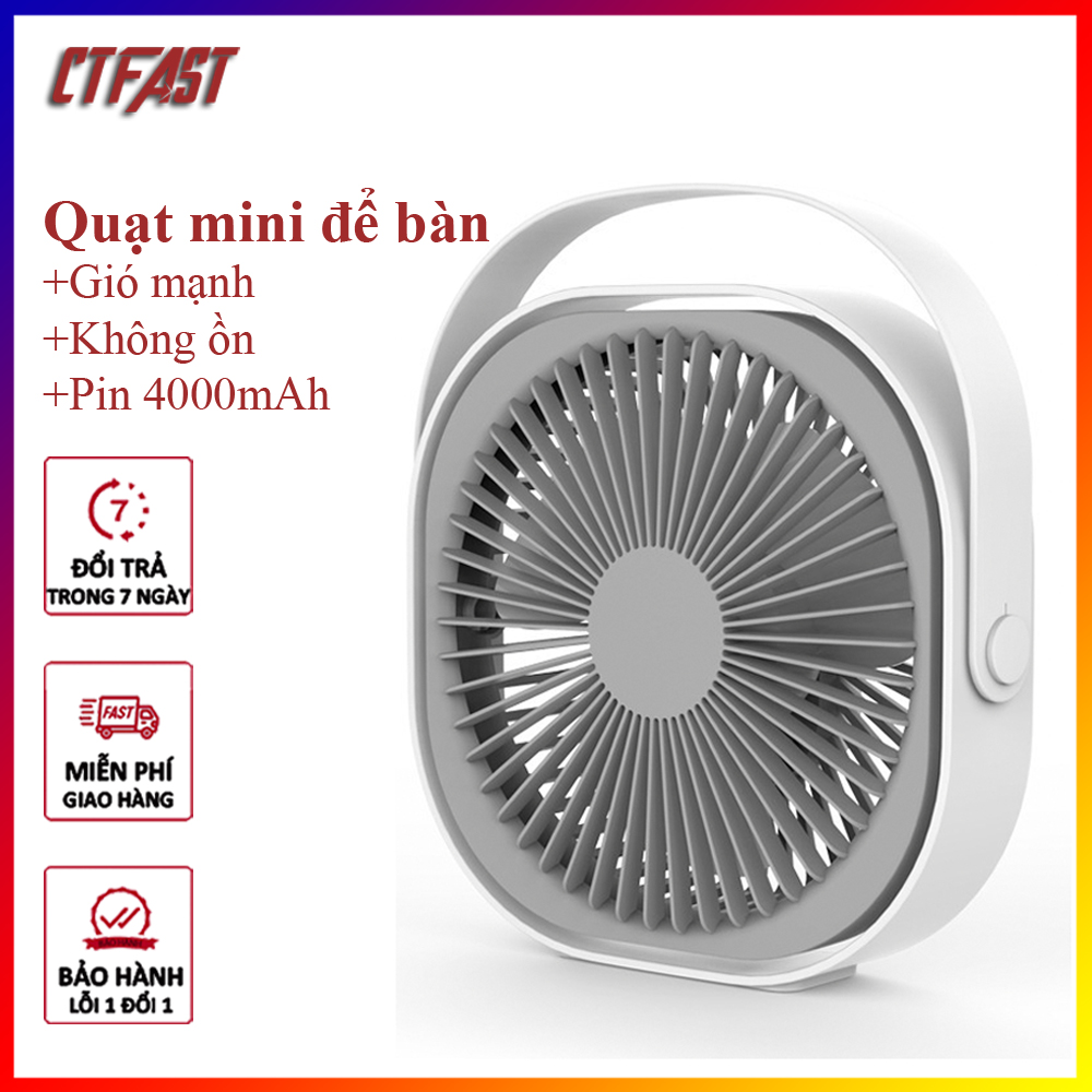 Quạt Mini Để Bàn, Quạt Tích Điện Usb Ctfast M102 - Quạt Cầm Tay 3 Tốc Độ, Điều Chỉnh Hướng Gió 360 Độ, Không Gây Ồn, Pin Sạc Dung Lượng Cao - Hàng Chính Hãng - Trắng 4000Mah