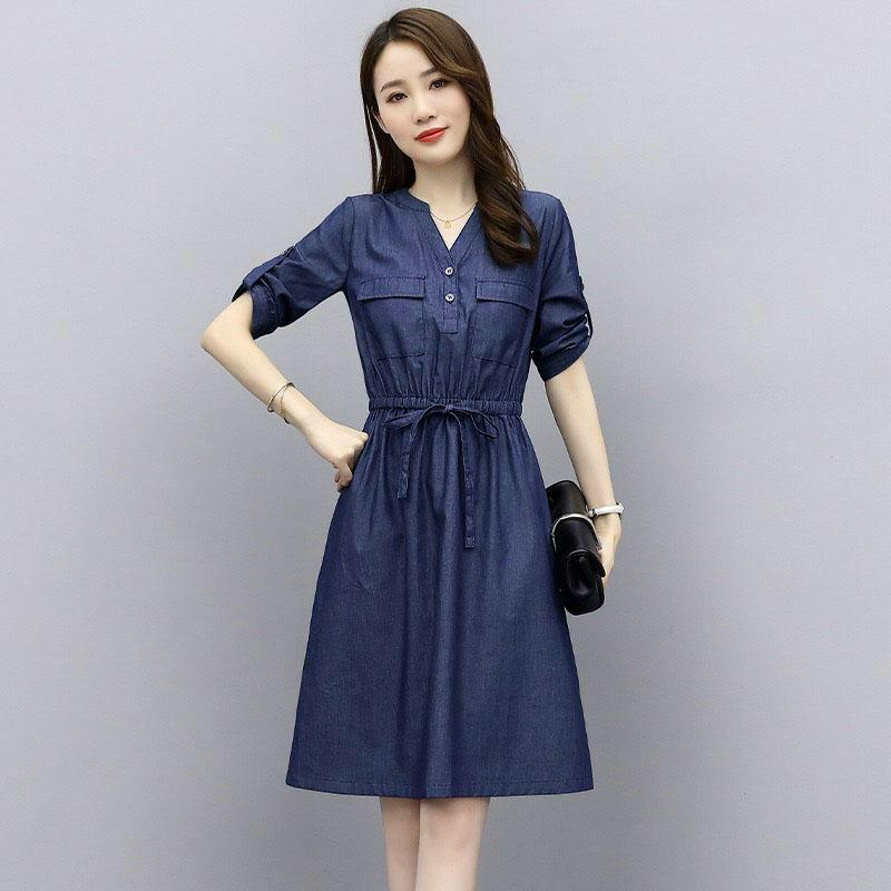 Đầm Jean Xòe Eo Cổ V, Đầm Jean Denim Phong Cách, Đầm Jean Thời Trang