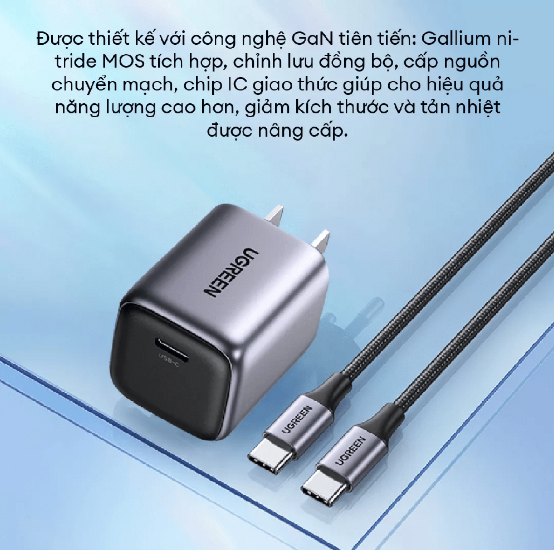 Củ sạc nhanh Nexode Mini 20W GaN USB-C Ugreen 55527 X512, Chân dẹt không gập - Hàng Chính hãng