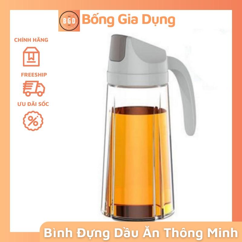 Chai Đựng Dầu Ăn, Bình Rót Dầu Bằng Thủy Tinh Thông Minh Tự Động Mở Nắp Dung Tích 600ml