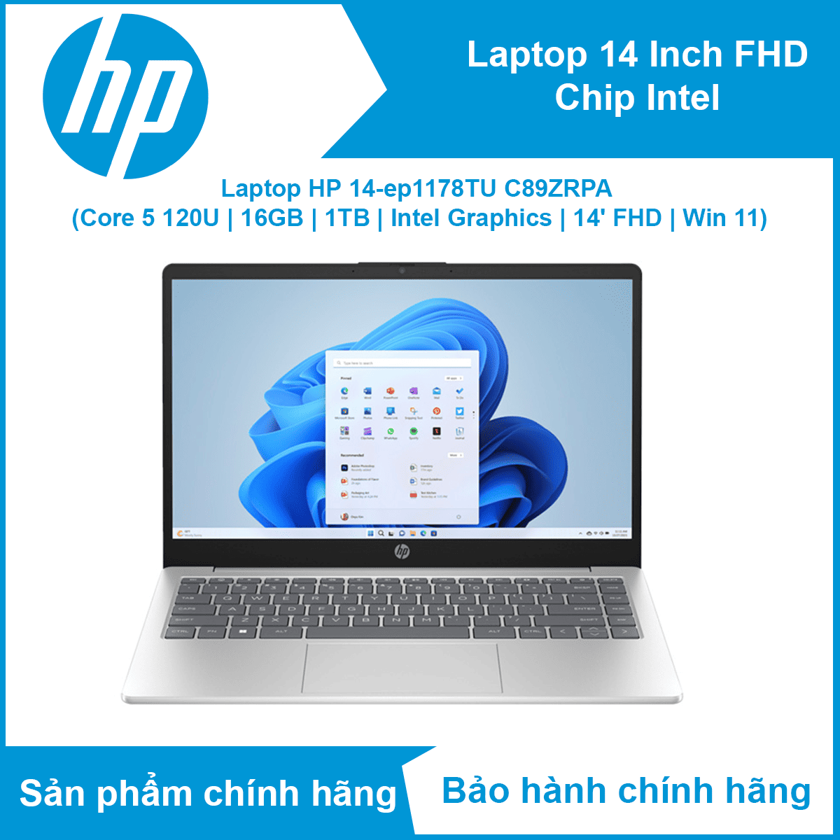 Laptop HP 14-ep1178TU core 5- 120U/RAM 16GB/1TB SSD/14.0FHD/Win 11 bản quyền/BẠC (C89ZRPA) - Hàng chính hãng