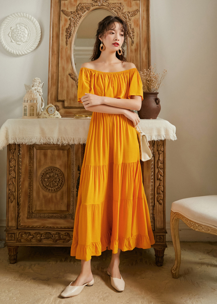 Đầm maxi trần vai tay bèo rộng, chất cotton mềm mại, thoáng mát, dáng dài dễ mặc, bầu bí có thể mặc | MX060