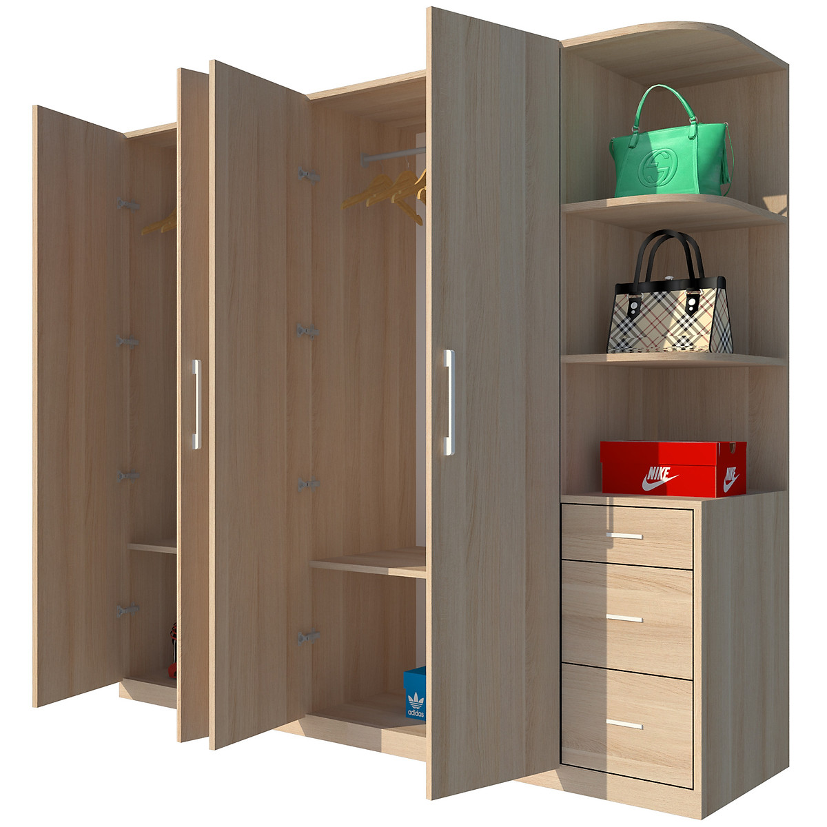 Tủ quần áo gỗ MDF Tundo 4 cánh 3 ngăn kéo màu vàng 220 x 55 x 200cm