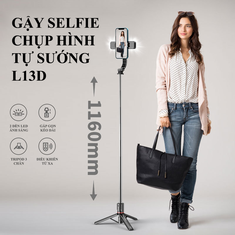 Gậy chụp ảnh selfie L13D gấp gọn tích hợp tripod 3 chân có thể kéo dài đến 1160mm với 2 đèn led hỗ trợ ánh sáng và remote không dây