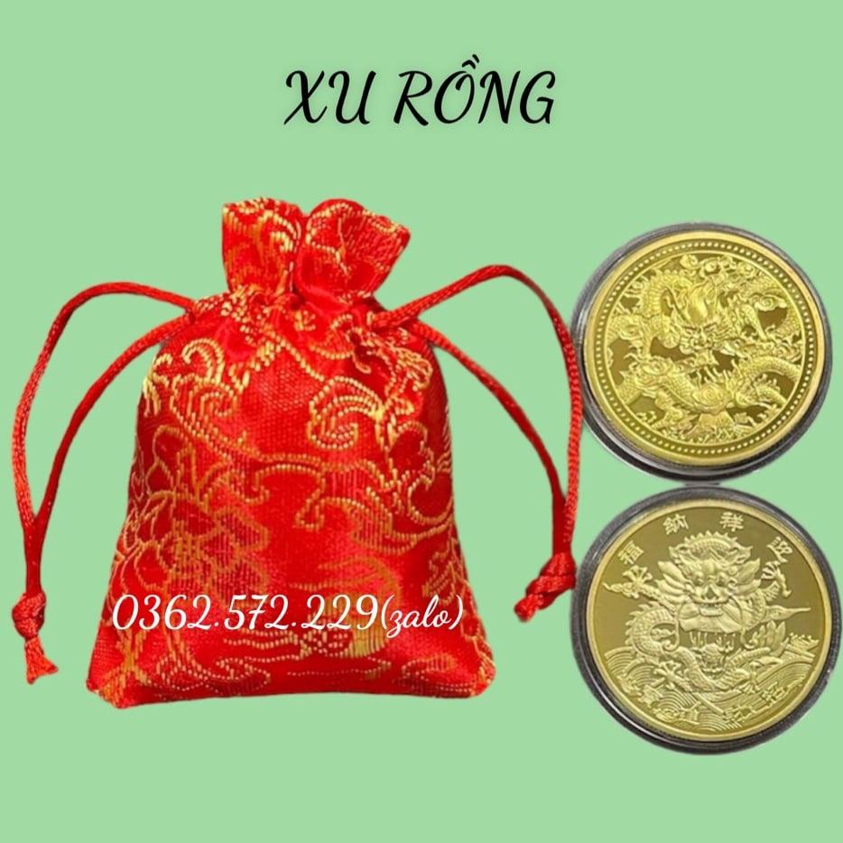 Đồng Xu Con Rồng Phong Thuỷ May Mắn Tặng Hộp Nhung ,Móc Khóa, Túi gấm đỏ May Mắn