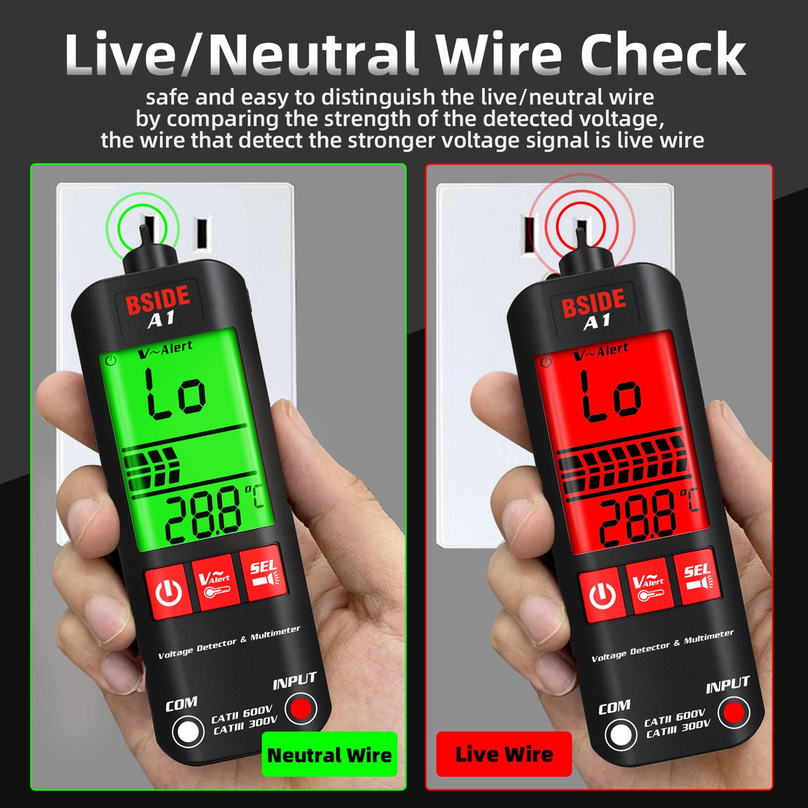 BSIDE A1 Mini Multimeter LCD Digital Tester Voltage Detector 2000 Counts DC/AC Voltage Frequency Resistance NCV Continuity Live Wire Neutral Wire Check True RMS Meter with Storage Zipper Case