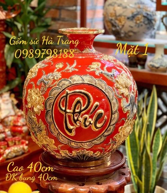 Bình hút tài lộc gốm sứ Bát Tràng cao cấp Phúc Lộc Thọ vẽ vàng cao 40cm hàng siêu cấp
