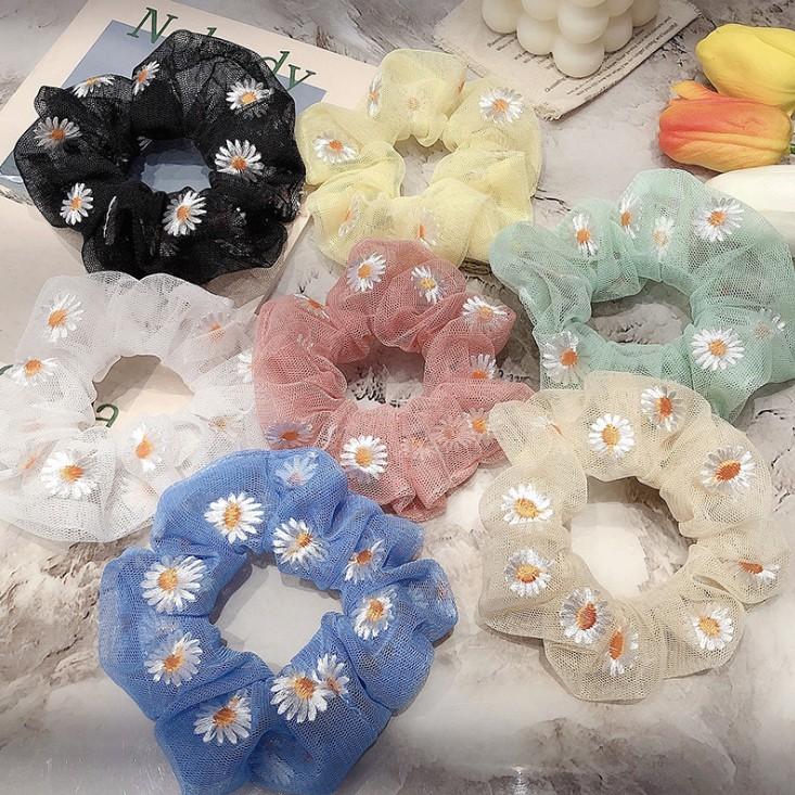 Dây buộc tóc thêu cúc họa mi tinh tế vòng lớn Scrunchies xinh xắn HD41