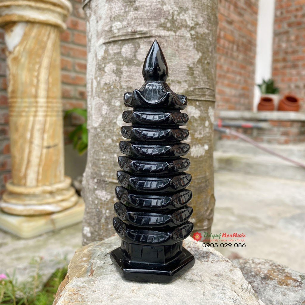 Tháp văn xương 9 tầng phong thuỷ đá Obdsidian cao 13cm - đá Non Nước