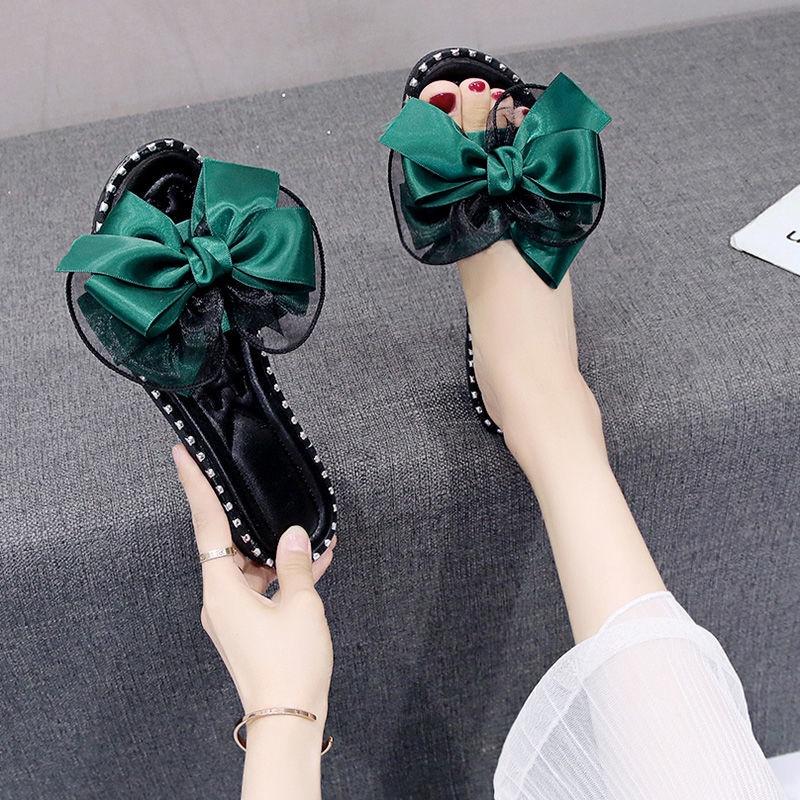 Slippers women wear 2022 summer new Korean version of students' bow tie one-word slippers flat-soled sandals