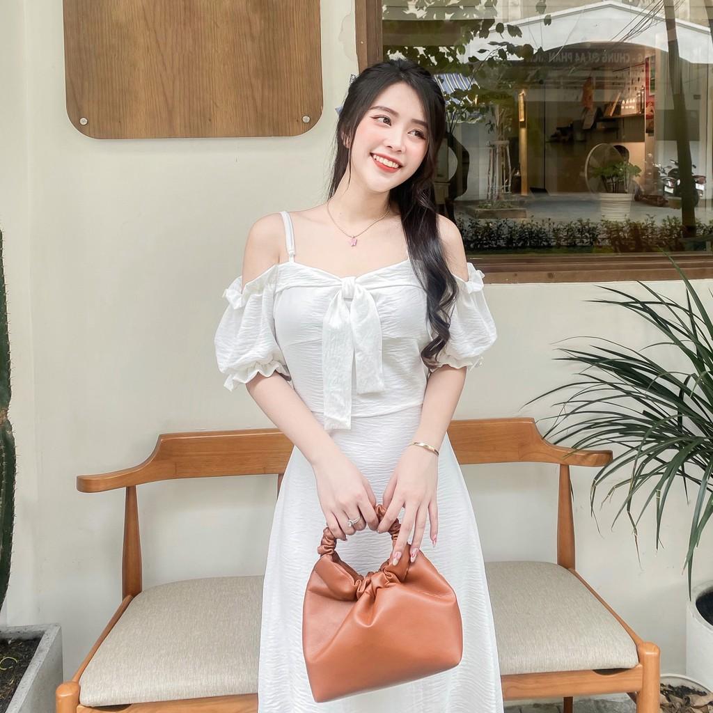 ĐẦM ĐŨI NHẮN 2 LỚP BẸT VAI DÁNG XÒE -hình thật shop chụp