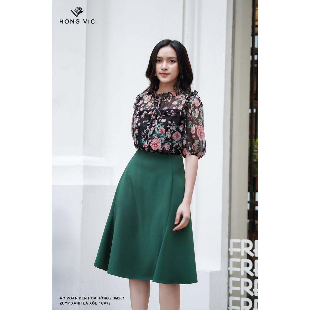 Áo nữ thiết kế Hongvic voan đen hoa hồng SM261