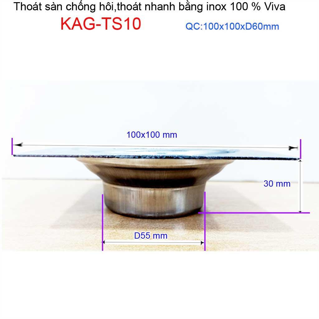 Hố ga thoát sàn viva ống 6cm Inox mờ, phễu thoát nước chống hôi vuông 10x10cm KAG-TS10 -D60