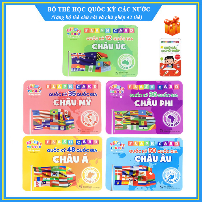 Bộ thẻ học thông minh song ngữ Quốc kỳ các nước - Flash Card Cờ các nước - Tặng kèm bộ thẻ chữ cái và chữ ghép